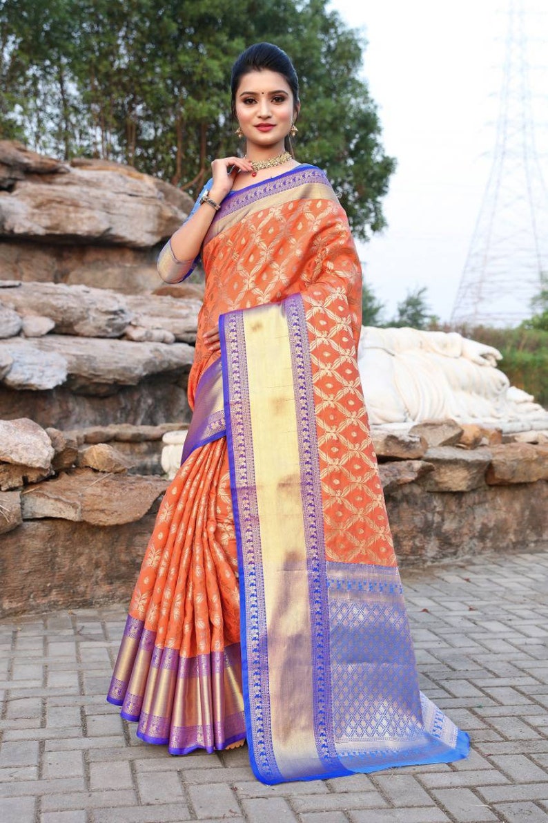 Kanchipuram Handloom Weaving Silk Saree and blouse for women,saree,saree for women,saree dress designer saree,indian saree,orange saree