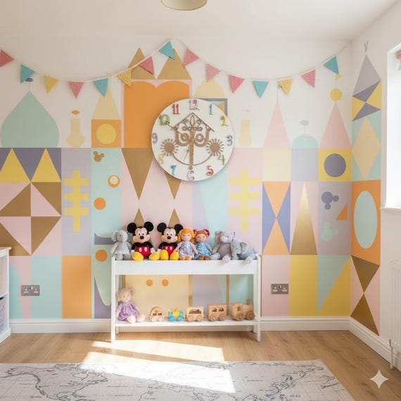 ディズニー風木製時計：「イッツ・ア・スモールワールド」の子供部屋