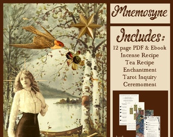 May include: A digital download for a Mnemosyne ritual, featuring a vintage image of a woman in a forest setting with birds and a lake. The text includes "Includes: 12 page PDF & Ebook, Incense Recipe, Tea Recipe, Enchantment, Tarot Inquiry, Ceremoment".