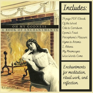 May include: A book titled "Oh My Goddess: A Book of Enchantments" featuring a vintage image of a woman seated in a chair before a fireplace. The book contains 19 pages of text and enchantments for meditation, ritual work, and reflection.