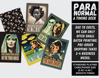 May include: A collection of vintage-style playing cards with retro illustrations and text. The cards feature images of women, ghosts, and UFOs, with phrases like "The Dark Knows" and "The Spirit Knows". The deck is standard poker size.