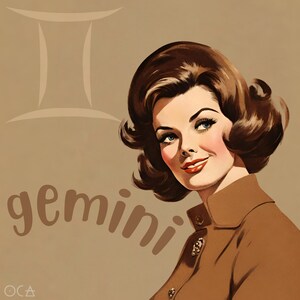 May include: A vintage style illustration of a woman with brown hair and a brown jacket. The image includes the astrological symbol for Gemini and the word "gemini" in a stylized font.