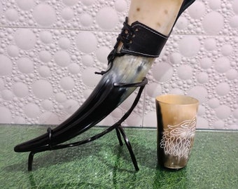Viking Drinking Horn Set: Medieval Style, Leather Holder, Iron Stand & Horn Cup