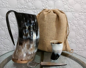 Viking Drinking Horn Mug Set, Shot Glass & Bottle Opener, Polished Finish
