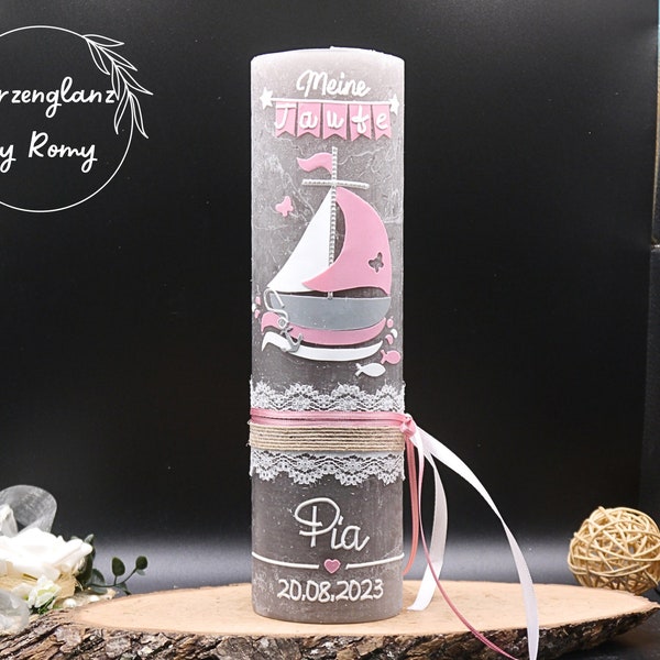 Baptism Candle Boat Pink Girl Baptism Rustica Gray or Taupe/Basalt Vintage Styles Individually Personalized incl. Clear Box Handmade