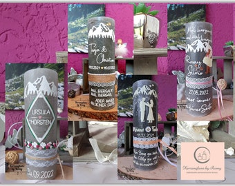 Individuelle Hochzeitskerze Berge Wunschmotiv  Traukerze,Personalisiert, Teelichteinsatz in Taupe oder Grau 25x8 cm in Klarsichtschachtel