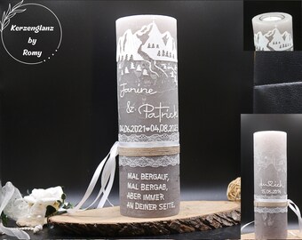 Hochzeitskerze 25x8 cm der gemeinsame Weg Naturliebe weiße Berge Alpenhochzeit rustikale Hochzeitskerze Vintage in Klarsichtschachtel
