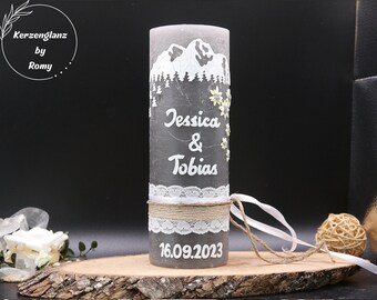 Wedding candle mountains, Bavarian vintage wedding candle personalized with edelweiss ribbon selection individually 20 x 7 cm in a transparent box