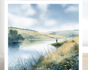 Fishing Card for Him, Birthday or Father’s Day Card, Watercolour Lake Fishing Card for Dad Husband