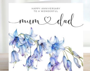 Happy Anniversary Mum and Dad Card, Floral Bluebell Watercolour Greeting Card for Parents