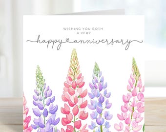 Anniversary Card for Couple, Country Garden Floral Card, Watercolour Lupins Card