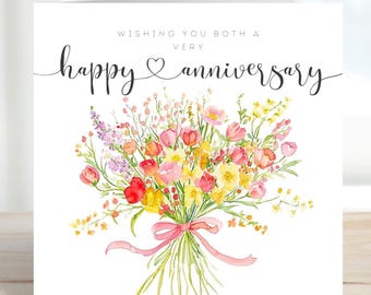 Anniversary Card for Couple - Pretty Wildflower Bouquet Watercolour Greeting Card for Friends