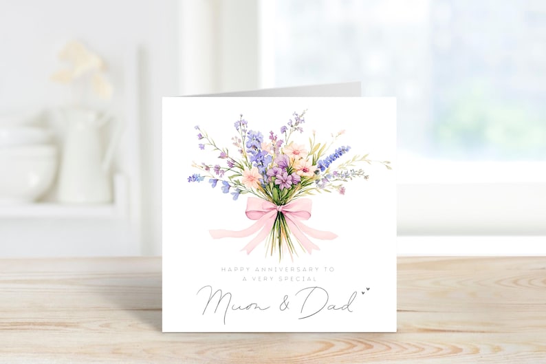 Watercolour wildflowers anniversary card with the wording Happy anniversary to a very Special
Mum & Dad