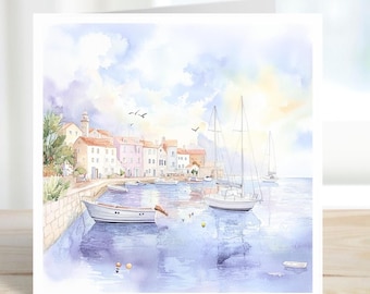 Watercolour Coastal Greeting Card, Boats and Harbour Scene Card, Seaside Art Card