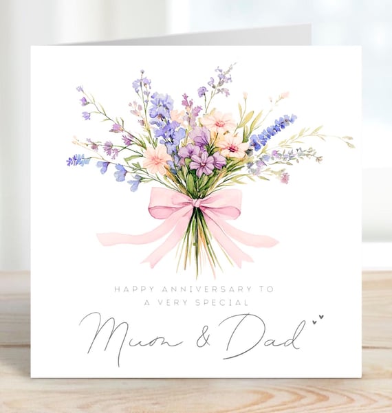 Happy Anniversary Mum and Dad Card, Parents Anniversary Card, Wildflowers Watercolour Greeting Card