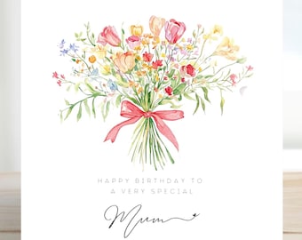 Floral Birthday Card For Mum, Watercolour Wildflowers