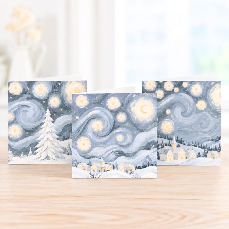 Pack of three Van Gogh inspired Christmas cards featuring snowy winter scenes with swirling blue skies and warm golden stars.