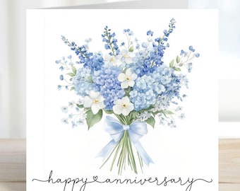 Anniversary Card for Couple, Watercolour Blue Bouquet, Romantic Floral Greeting Card for Friends