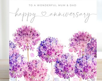 Anniversary Card Mum and Dad, Parents Anniversary Card, Floral Watercolour Card, Allium Design