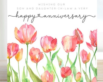 Happy Anniversary Card for Son and Daughter-in-Law, Watercolour Floral Tulip Greeting Card