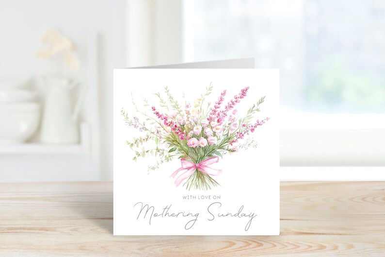 Mothering Sunday Card Watercolour  wildflowers in pink and green