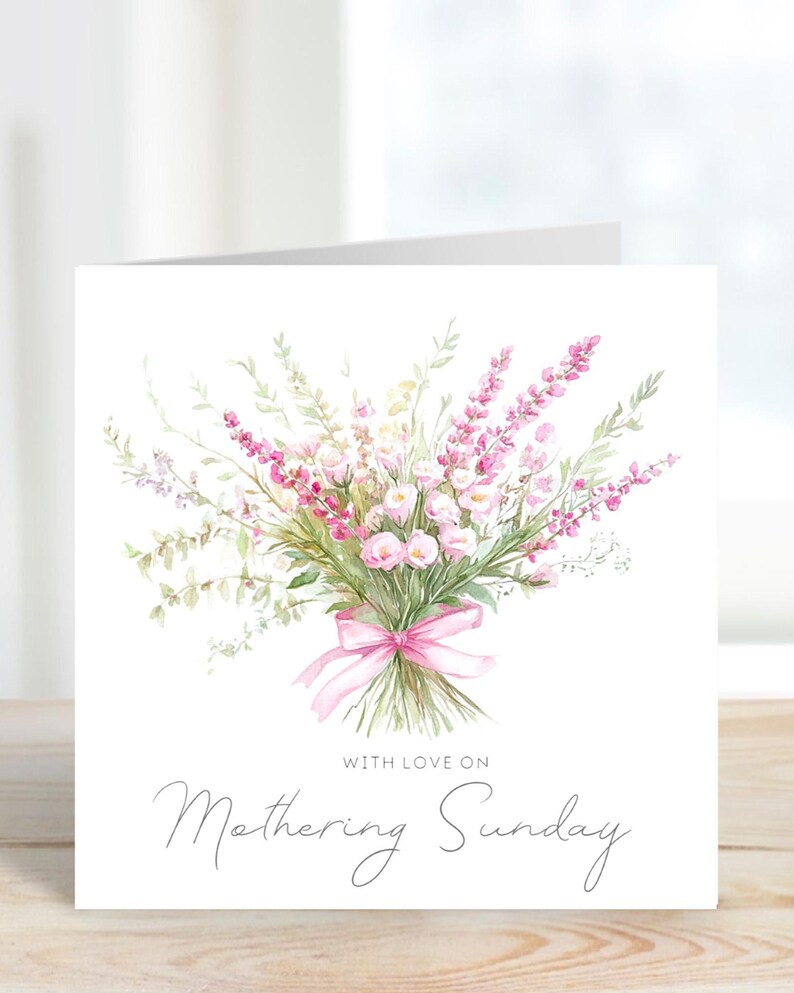 Mothering Sunday Card Watercolour  wildflowers in pink and green