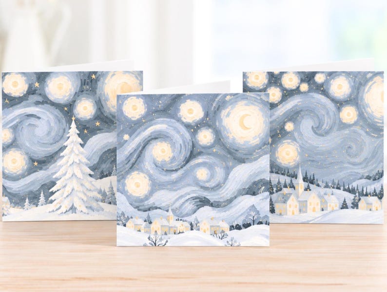 Pack of three Van Gogh inspired Christmas cards featuring snowy winter scenes with swirling blue skies and warm golden stars.