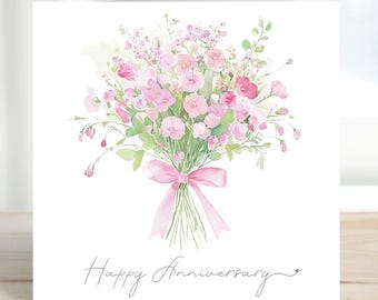 Anniversary Card for Couple, Watercolour Wildflower Bouquet, Romantic Floral Greeting Card