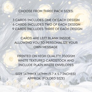Pack of three Van Gogh inspired Christmas cards featuring snowy winter scenes with swirling blue skies and warm golden stars.