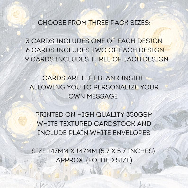 Pack of three Van Gogh inspired Christmas cards featuring snowy winter scenes with swirling blue skies and warm golden stars.