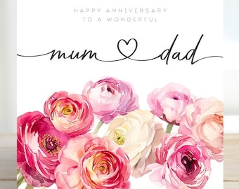 Happy Anniversary Mum and Dad Card, Parents Anniversary Card, Watercolour Floral Greeting Card