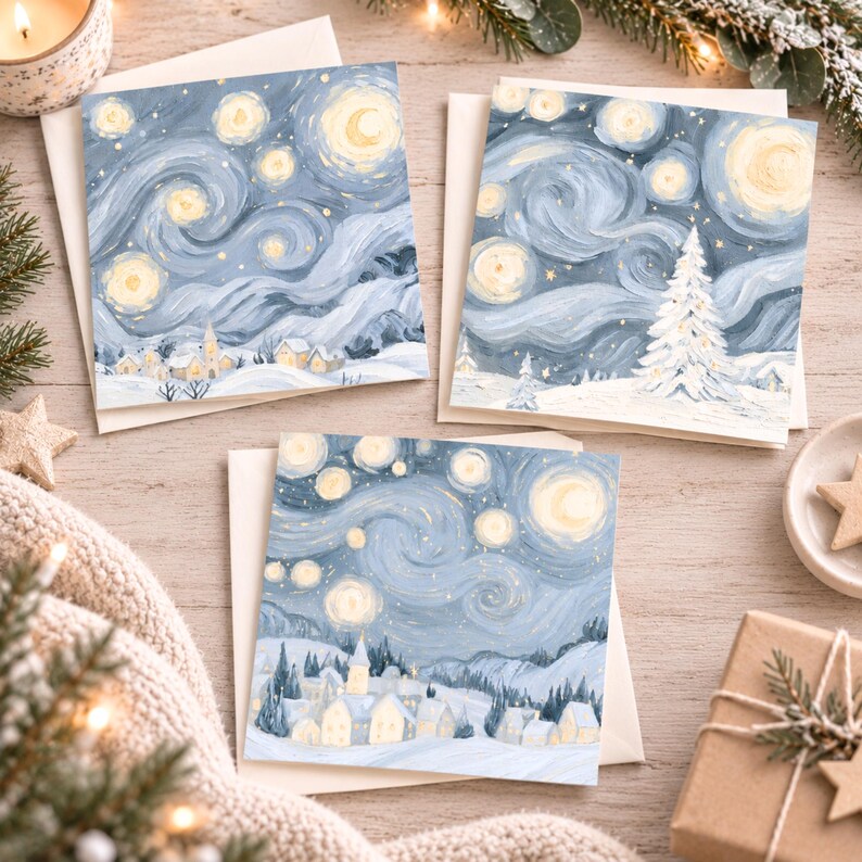 Pack of three Van Gogh inspired Christmas cards featuring snowy winter scenes with swirling blue skies and warm golden stars.