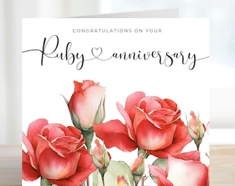 Ruby Wedding Anniversary Card, Elegant Red Rose Floral, 40th Anniversary, 40 Years Married