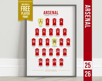 Arsenal 2025-26 Champions Football Squad Print | Football Soccer Wall Art Poster | With FREE Personalised Player Print | Unofficial Gift