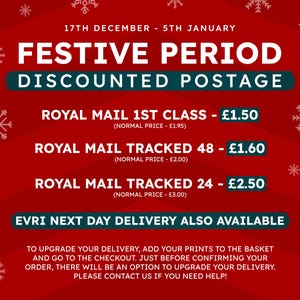 Pu&ograve; includere: Motivo a fiocco di neve rosso e bianco su sfondo rosso con testo bianco che recita "Periodo festivo Francobollo scontato". Il testo elenca i prezzi scontati per Royal Mail 1st Class, Royal Mail Tracked 48 e Royal Mail Tracked 24. Il testo indica anche "Consegna il giorno successivo di Evri disponibile anche".