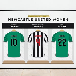May include: A graphic of three soccer jerseys with the names and numbers of the 2023-2024 Newcastle United Women Champions: Georgia Gibson 10, Amber-Keegan Stobbs 4, and Elysia Boddy 22.