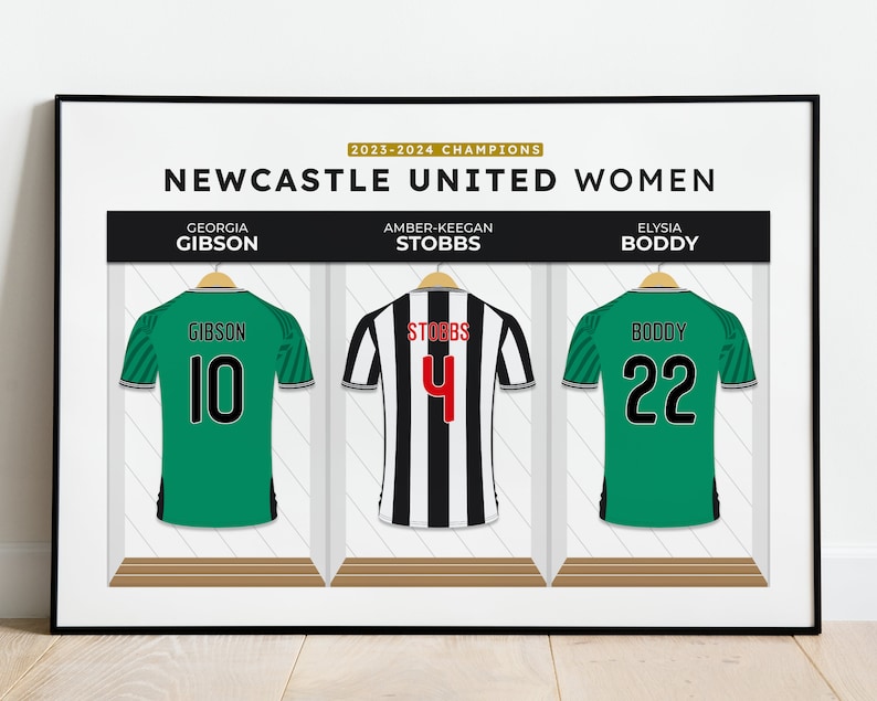 May include: A graphic of three soccer jerseys with the names and numbers of the 2023-2024 Newcastle United Women Champions: Georgia Gibson 10, Amber-Keegan Stobbs 4, and Elysia Boddy 22.