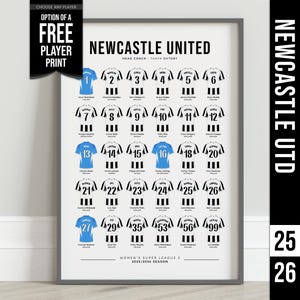 Newcastle United Women Football 2025-26 Squad Shirt Print with FREE Personalised Player Print Wall Art (unofficial) image 1