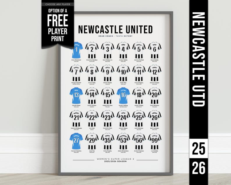 Newcastle United Women Football 2025-26 Squad Shirt Print with FREE Personalised Player Print Wall Art (unofficial) image 1