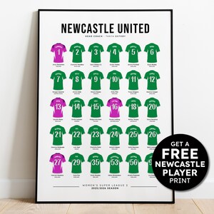 May include: A framed poster featuring the Newcastle United Women's Super League 2 team roster for the 2025/2026 season. The poster displays green and pink jerseys with player numbers. Text at the top reads "Newcastle United". A circular graphic offers a free player print.