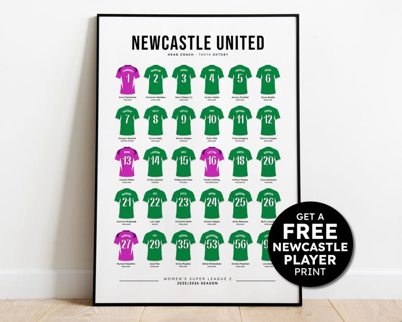 May include: A framed poster featuring the Newcastle United Women's Super League 2 team roster for the 2025/2026 season. The poster displays green and pink jerseys with player numbers. Text at the top reads "Newcastle United". A circular graphic offers a free player print.