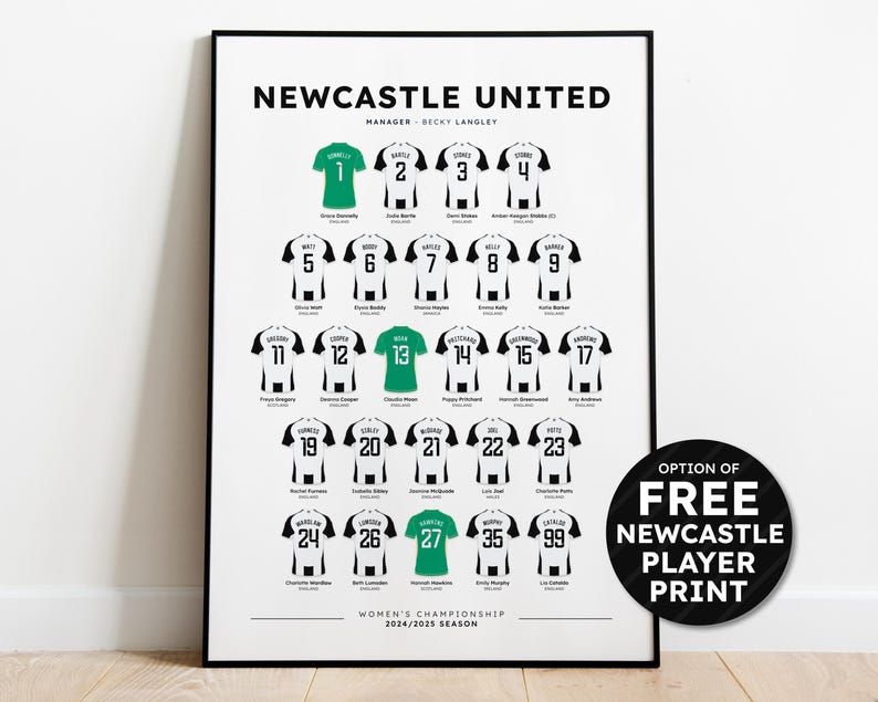 May include: A black and white poster with a green and white soccer jersey design for each player on the Newcastle United Women's Championship team. The poster includes the team name, manager, and the 2024/2025 season. An option for a free Newcastle player print is included.