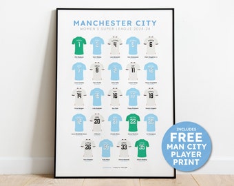 Manchester City Women's Super League 2023-24 Squad Print - Shirt Poster + FREE Man City Women's Player Print Personalised - FREE UK Delivery