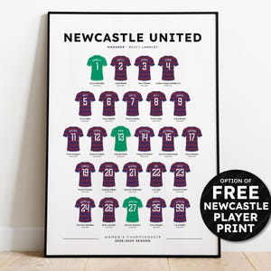 May include: A printable poster featuring the Newcastle United Women's Football Team roster for the 2024/2025 season. The poster shows the team's jersey numbers and player names. The poster also includes the team's manager, Becky Langley. The poster is available with an option for a free Newcastle player print.