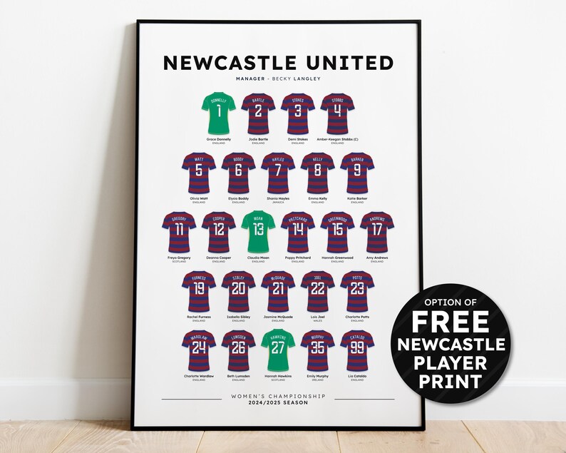 May include: A printable poster featuring the Newcastle United Women's Football Team roster for the 2024/2025 season. The poster shows the team's jersey numbers and player names. The poster also includes the team's manager, Becky Langley. The poster is available with an option for a free Newcastle player print.
