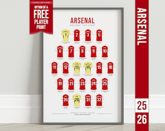 Arsenal Women Football Print 2025-26 Season WSL Squad Shirt Poster + Free Personalised Women's Football Player Wall Art (unofficial)