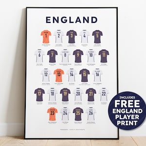 England Euro 2024 Football Squad Print - Three Lions Shirt Poster Art + FREE England Euro 2024 Player Print Personalised - FREE UK Delivery