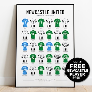 May include: A framed print featuring a Newcastle United team roster for the Women's Super League 2, 2025/2026 season. The poster displays jersey illustrations in blue, green, and white, each with a player number. The text "NEWCASTLE UNITED" is at the top.