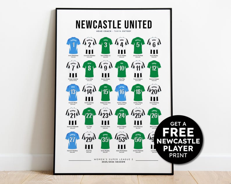 May include: A framed print featuring a Newcastle United team roster for the Women's Super League 2, 2025/2026 season. The poster displays jersey illustrations in blue, green, and white, each with a player number. The text "NEWCASTLE UNITED" is at the top.