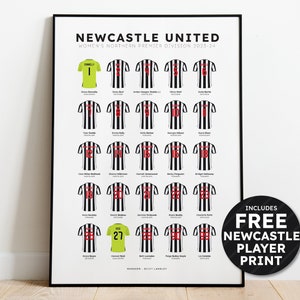 Newcastle Women's 2023-24 Squad Print Shirt Poster Art FREE Newcastle Women's Player Print Personalised Art FREE UK Delivery Home Shirts Only